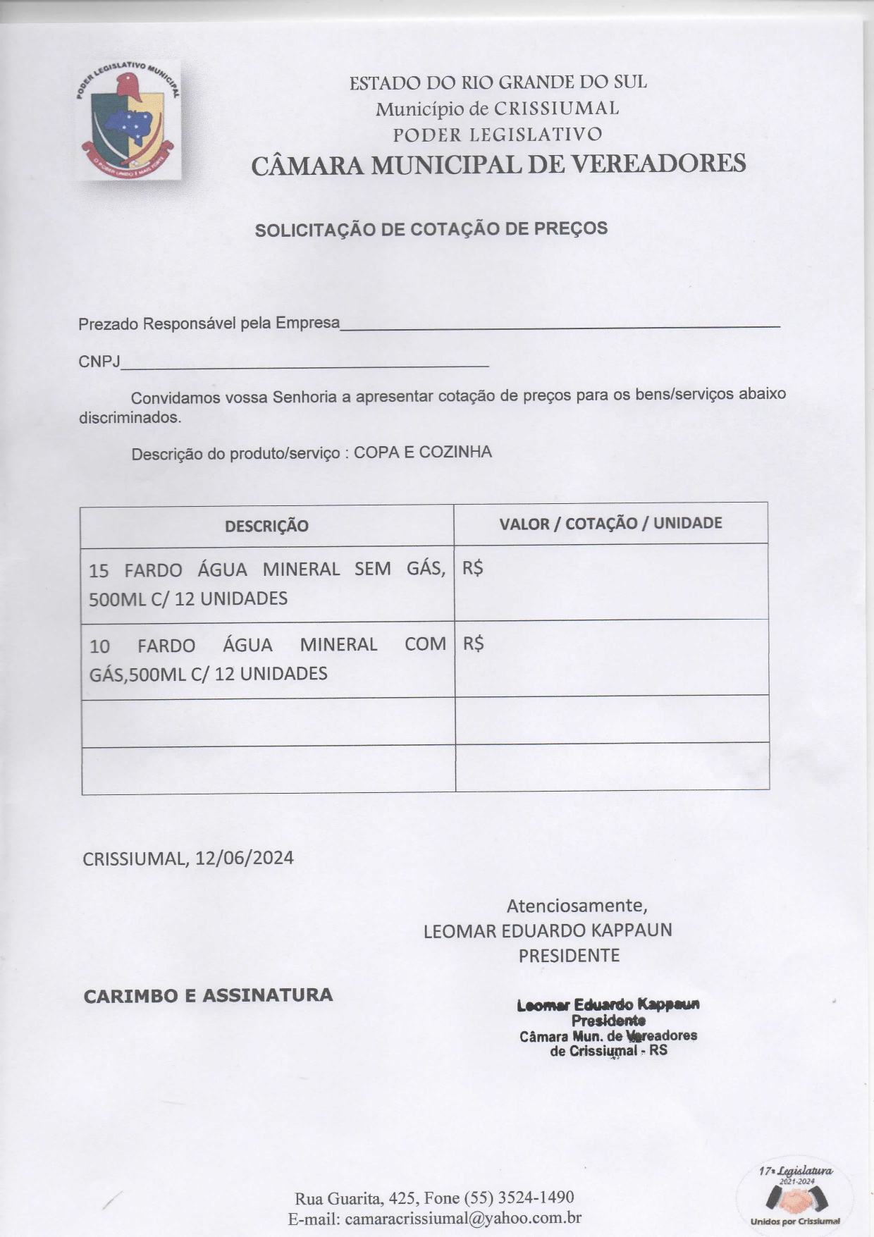 Câmara de Vereadores de Crissiumal divulga Solicitação de Cotação de Preços