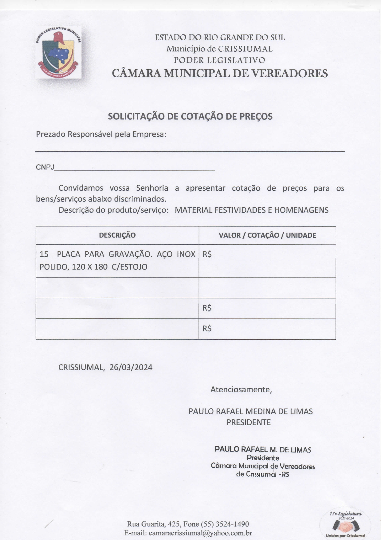 Câmara de Vereadores de Crissiumal divulga Solicitação de Cotação de Preços